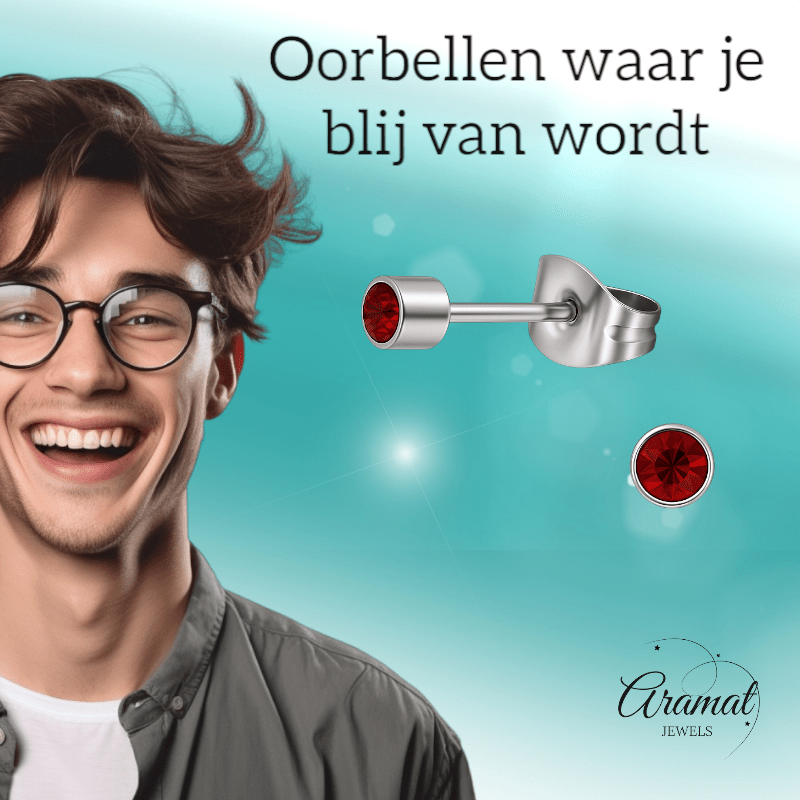 Mini oorstekers granaatrood kristal – 3mm RVS - Aramat Jewels - Oorbellen - cadeautip