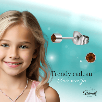 Mini oorstekers topaasbruin kristal – 3mm RVS - Aramat Jewels - Oorbellen - cadeautip