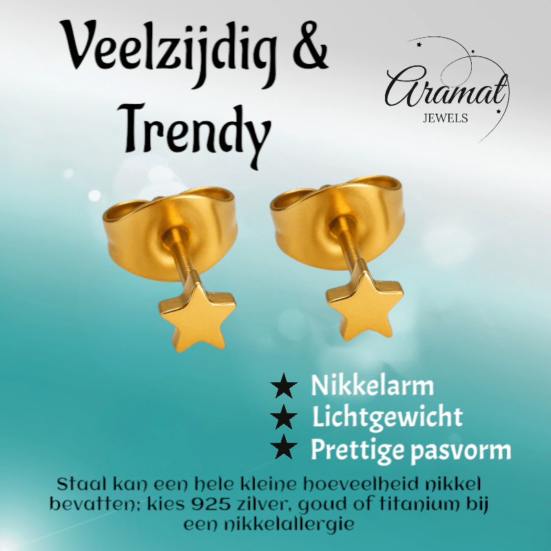 Mini ster oorstekers goudkleur staal – 3mm - Aramat Jewels - Oorbellen - cadeautip