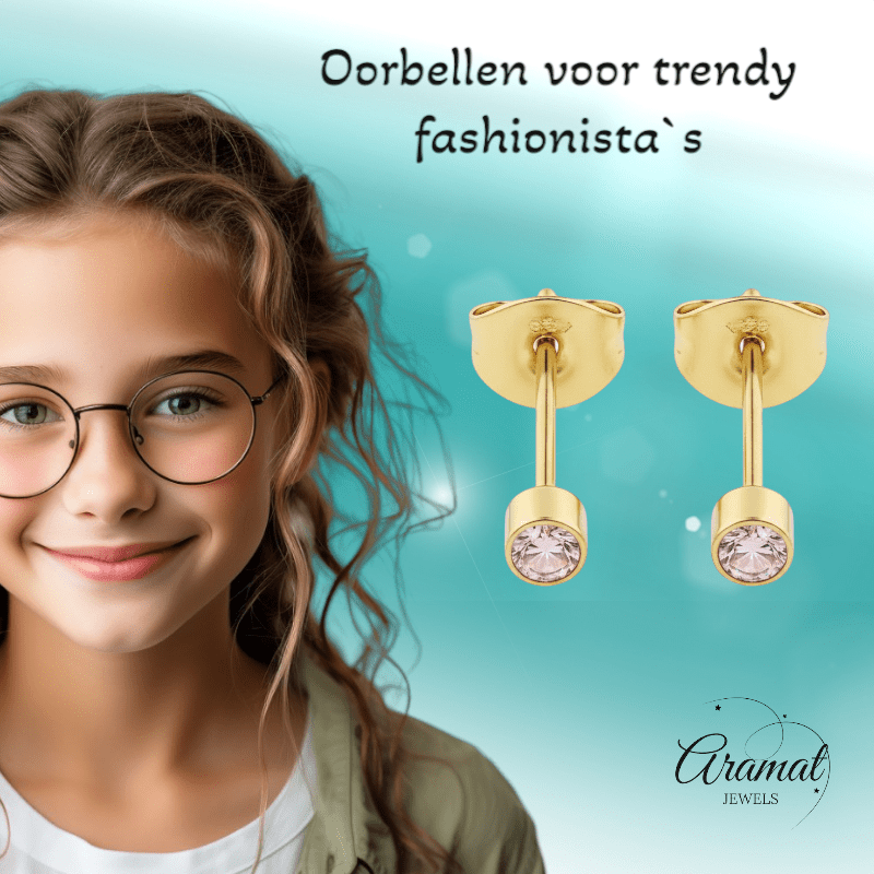 Mini zweerknopjes roze zirkonia - goudkleur - Aramat Jewels - Oorbellen - cadeautip