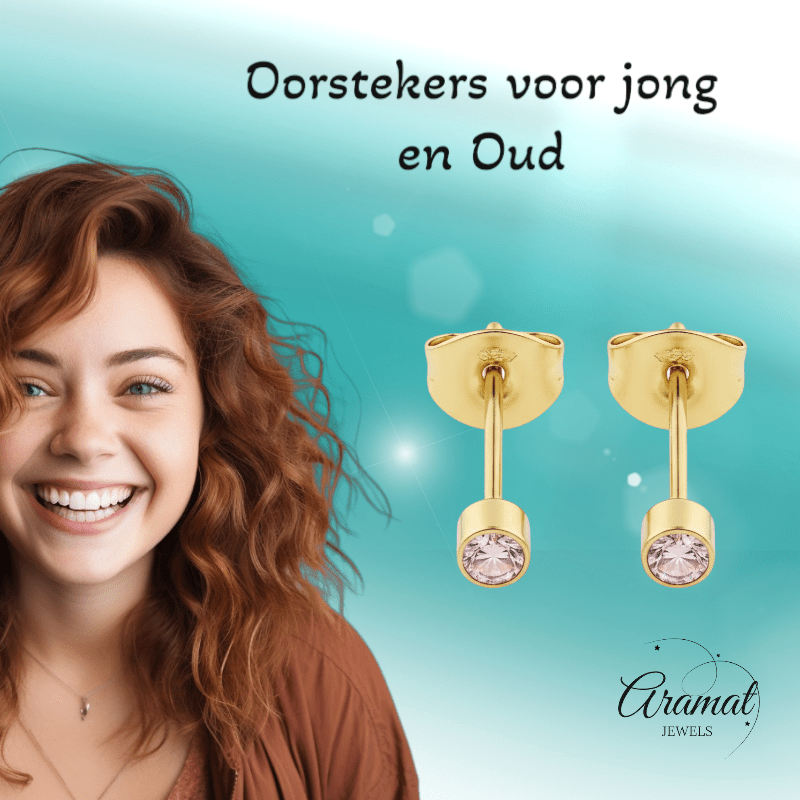 Mini zweerknopjes roze zirkonia - goudkleur - Aramat Jewels - Oorbellen - cadeautip