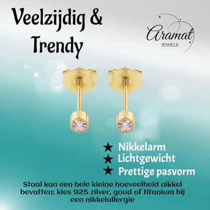 Mini zweerknopjes roze zirkonia - goudkleur - Aramat Jewels - Oorbellen - cadeautip
