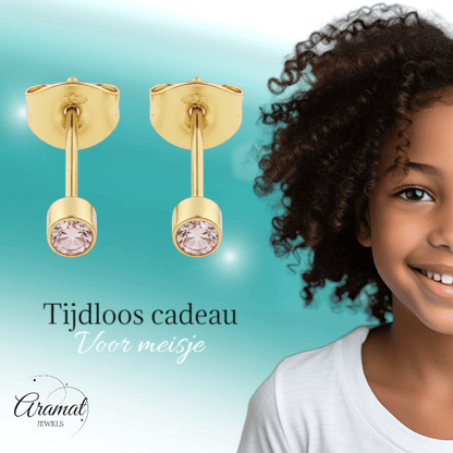 Mini zweerknopjes roze zirkonia - goudkleur - Aramat Jewels - Oorbellen - cadeautip