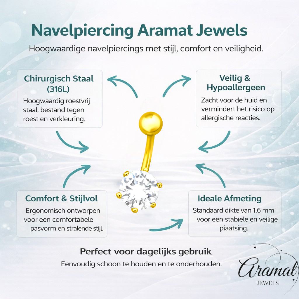 Goudkleurige Stalen Navelpiercing met Zirkonia bloem