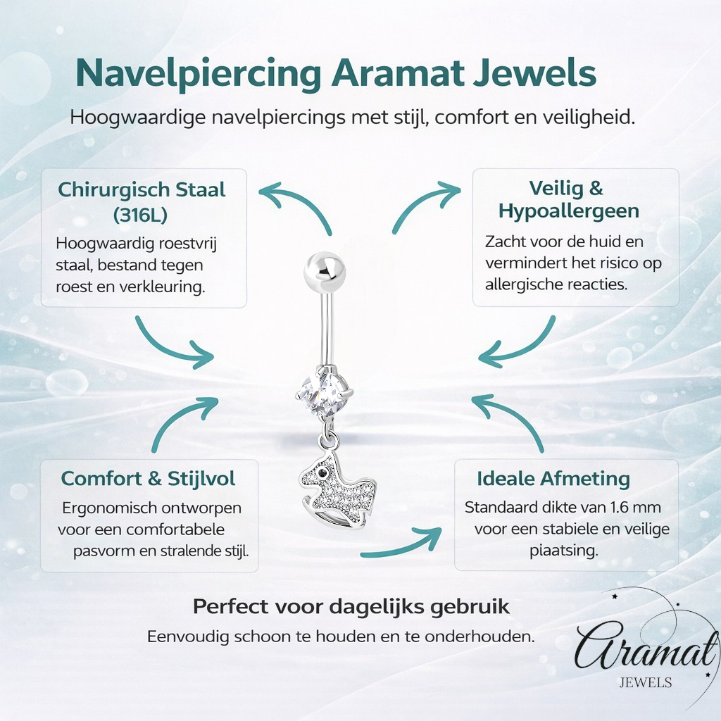Zilverkleurige Navelpiercing met Paard Hanger met Zirkonia