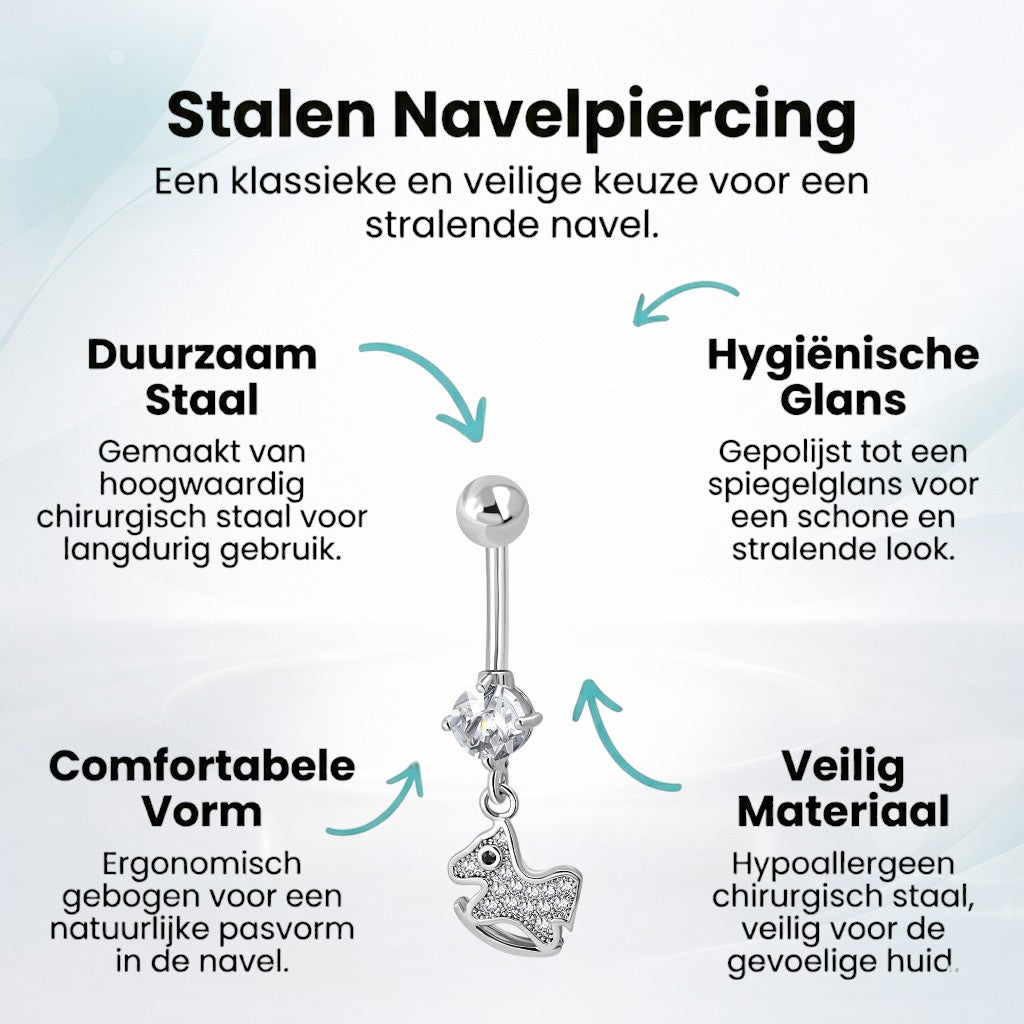 Zilverkleurige Navelpiercing met Paard Hanger met Zirkonia