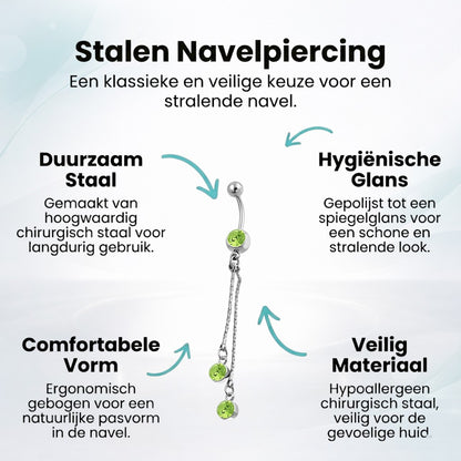 Stalen Navelpiercing ketting en groene zirkonia`s