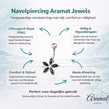 Zwarte Opalen Bloem Navelpiercing Zilverkleurig
