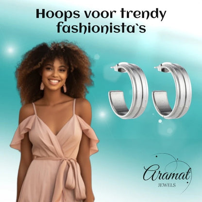 Oorbellen – 23mm Half - Hoop 2 Strepen RVS Zilverkleur Dames - Aramat Jewels - Oorringen - cadeautip