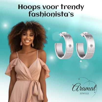 Oorbellen – 23mm Hoepel Creool 2 Zirkonia RVS Zilverkleur Unisex - Aramat Jewels - Oorringen - cadeautip