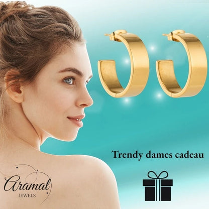 Oorbellen – 23mm Hoepel Creool Glad RVS Goudkleur Modern Unisex - Aramat Jewels - Oorringen - cadeautip
