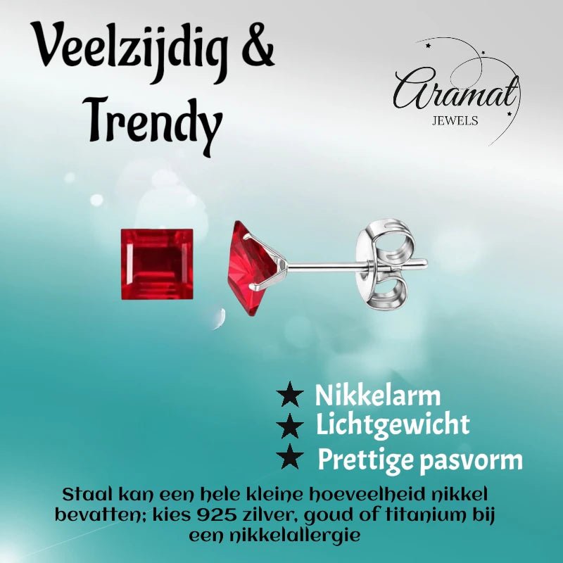 Oorbellen – 6mm Vierkante Zirkonia Rood op RVS Zilverkleur - Aramat Jewels - Oorbellen - cadeautip
