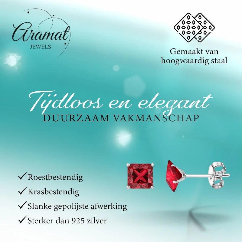 Oorbellen – 7mm Vierkante Zirkonia Rood op RVS Zilverkleur - Aramat Jewels - Oorbellen - cadeautip