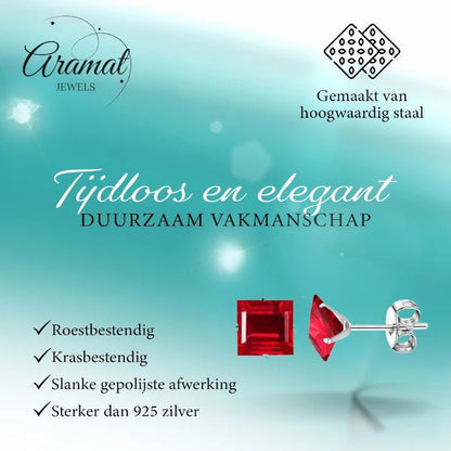 Oorbellen – 8mm Vierkante Zirkonia Rood op RVS Zilverkleur - Aramat Jewels - Oorbellen - cadeautip