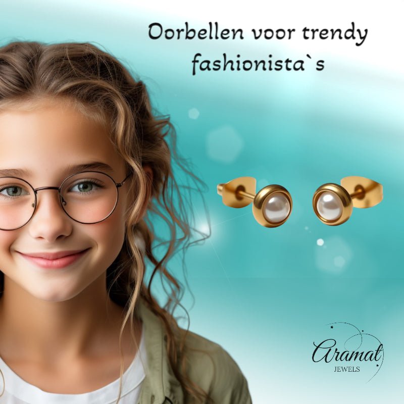 Oorbellen – Parel Wit in Goudkleurig Design (6mm) - Aramat Jewels - Oorbellen - cadeautip