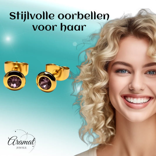 Oorbellen – RVS Goudkleurig met Licht Paars Kristal (6mm) - Aramat Jewels - Oorbellen - cadeautip