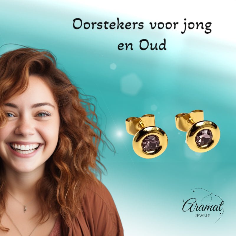 Oorbellen – RVS Goudkleurig met Roze Kristal (8mm) - Aramat Jewels - Oorbellen - cadeautip