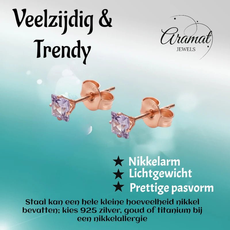 Oorbellen – RVS Roségoudkleur met Lila Vierkante Zirkonia (4mm) - Aramat Jewels - Oorbellen - cadeautip