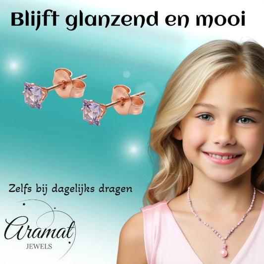 Oorbellen – RVS Roségoudkleur met Lila Vierkante Zirkonia (4mm) - Aramat Jewels - Oorbellen - cadeautip