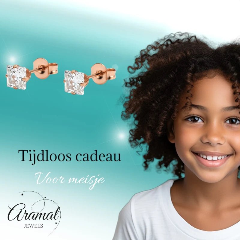 Oorbellen – RVS Roségoudkleur met Vierkante Zirkonia (5mm) - Aramat Jewels - Oorbellen - cadeautip