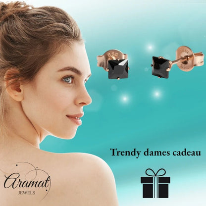 Oorbellen – RVS Roségoudkleur met Zwarte Vierkante Zirkonia (4mm) - Aramat Jewels - Oorbellen - cadeautip