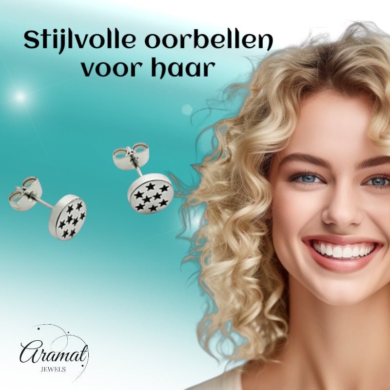 Oorbellen – RVS Sterrenpatroon Zilver/Zwart (8mm) - Aramat Jewels - Oorbellen - cadeautip