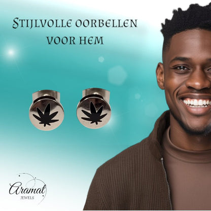 Oorbellen – RVS Wietblad Zilver/Zwart (8mm) - Aramat Jewels - Oorbellen - cadeautip