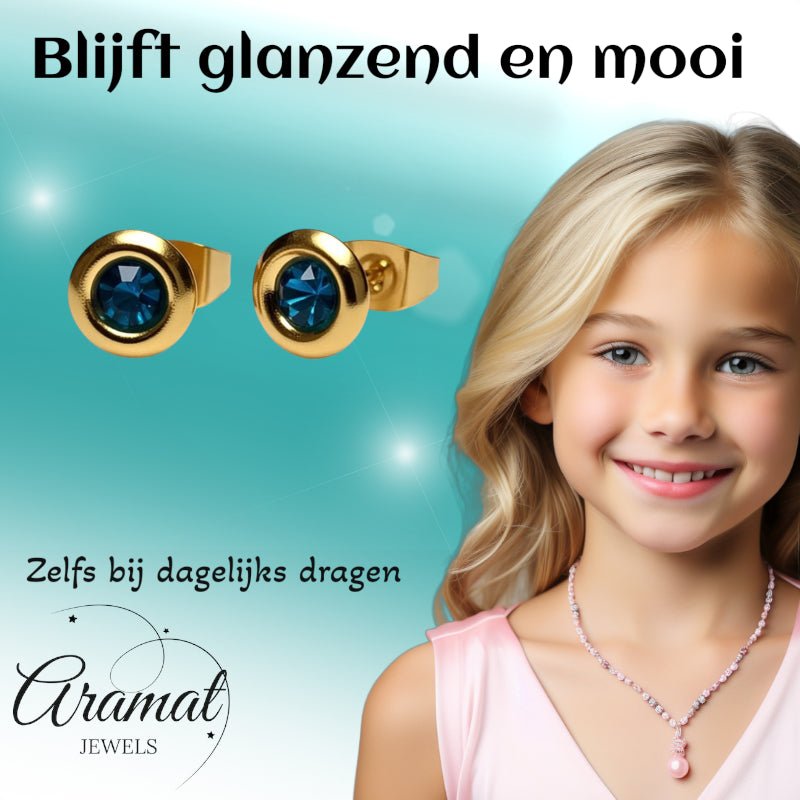 Oorbellen – Staal Zeegroene Kristal Goudkleurig (8mm) - Aramat Jewels - Oorbellen - cadeautip