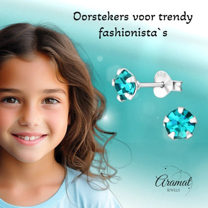Oorbellen – Zilver Zirkonia Zee Groen (5mm) - Aramat Jewels - Oorbellen - cadeautip