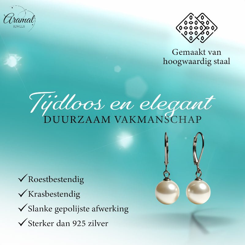 Oorhangers – RVS met Ronde Witte Parel (27mm) - Aramat Jewels - Oorhangers - cadeautip