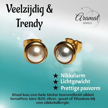 Oorknopjes – Parel Wit Goudkleurig (8mm) - Aramat Jewels - Oorbellen - cadeautip