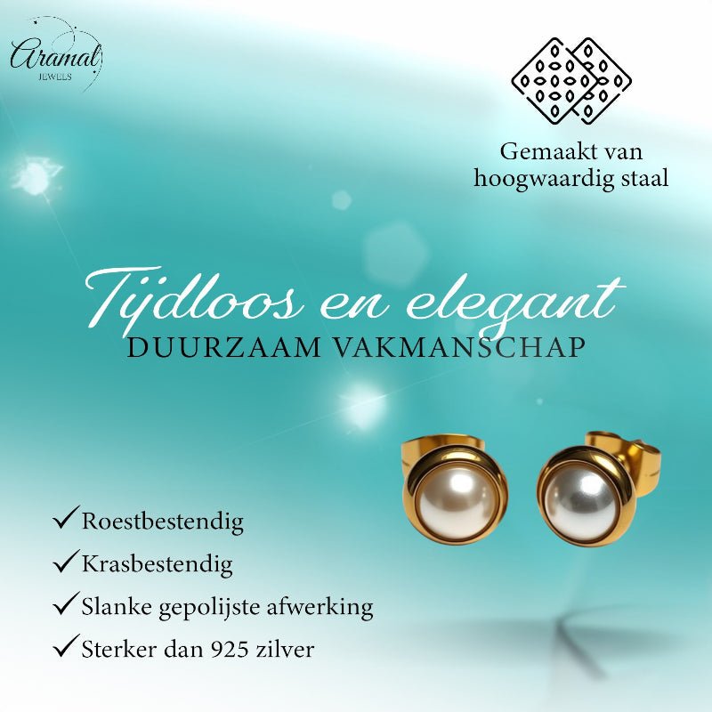 Oorknopjes – Parel Wit Goudkleurig (8mm) - Aramat Jewels - Oorbellen - cadeautip