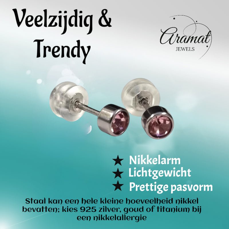 Oorknopjes – RVS 4mm met Roze Zirkonia - Aramat Jewels - Oorbellen - cadeautip