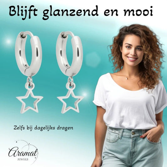 Oorringen – 10mm Mini Creolen met Open Ster Bedel RVS Zilverkleur Unisex - Aramat Jewels - Oorringen - cadeautip
