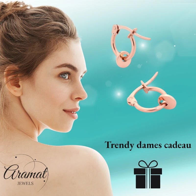 Oorringen – 10mm Mini Creolen met Rond Muntje RVS Rosékleur Dames - Aramat Jewels - Oorringen - cadeautip