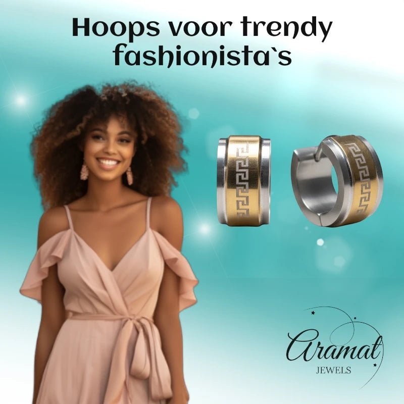 Oorringen – 13mm Mini Creool Grieks Motief RVS Bicolor Unisex - Aramat Jewels - Oorringen - cadeautip