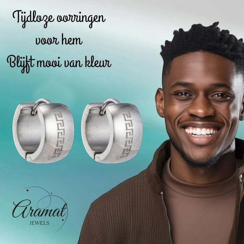 Oorringen – 20mm Creolen Grieks Motief Gelaserd RVS Zilverkleur Unisex - Aramat Jewels - Oorringen - cadeautip