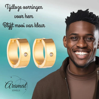 Oorringen – 20mm Glanzende Huggie Creool met Zirkonia RVS Goudkleur - Aramat Jewels - Oorringen - cadeautip