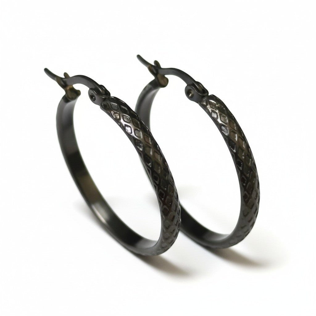 Oorringen – 30mm Creool Ruitjes Patroon RVS Zilverkleur en Zwart Dames - Aramat Jewels - Oorringen - cadeautip