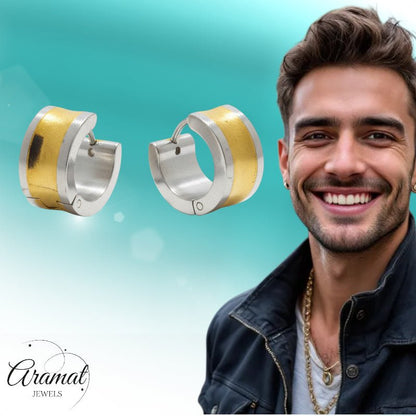 Oorringen – Bicolor RVS met Brede Goudkleurige Streep (13mm) - Aramat Jewels - Oorringen - cadeautip