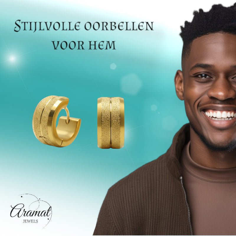 Oorringen – Goudkleurig Staal Sandblasted Strepen (13x7mm) - Aramat Jewels - Oorringen - cadeautip