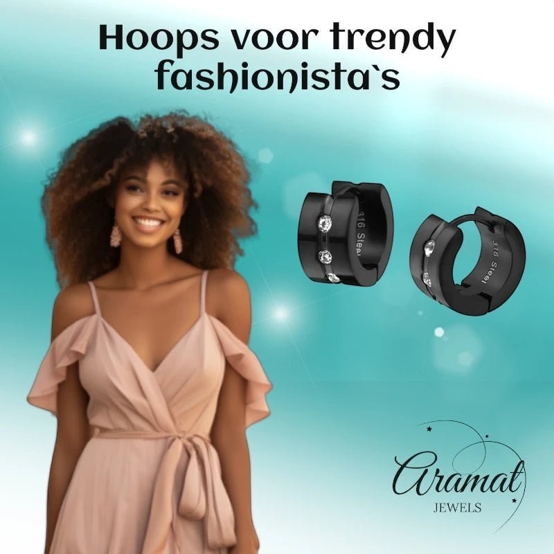 Oorringen – Staal Huggies Zirkonia Zwart (13mm) - Aramat Jewels - Oorringen - cadeautip