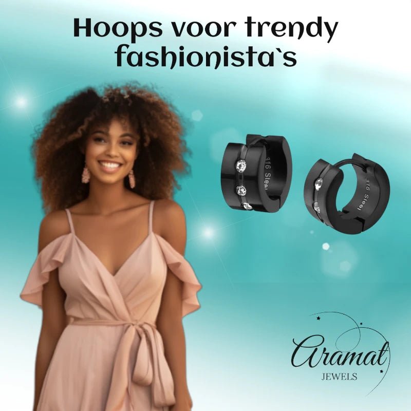 Oorringen – Staal Huggies Zirkonia Zwart (13mm) - Aramat Jewels - Oorringen - cadeautip