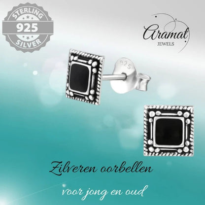 Oorstekers – 925 Zilver Bali Oorbellen Vierkant Zwart Emaille 6mm Geoxideerd - Aramat Jewels - Oorbellen - cadeautip