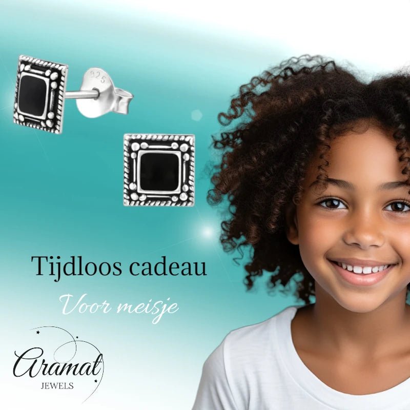 Oorstekers – 925 Zilver Bali Oorbellen Vierkant Zwart Emaille 6mm Geoxideerd - Aramat Jewels - Oorbellen - cadeautip