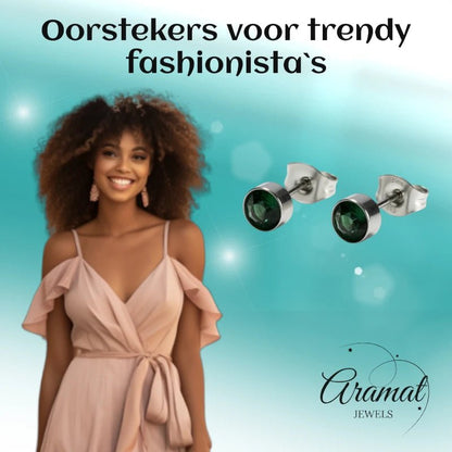 Oorstekers – Staal Kristal Donker Groen Zilverkleur (5mm) - Aramat Jewels - Oorbellen - cadeautip
