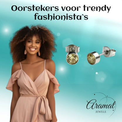 Oorstekers – Staal Kristal Geel Zilverkleur (5mm) - Aramat Jewels - Oorbellen - cadeautip