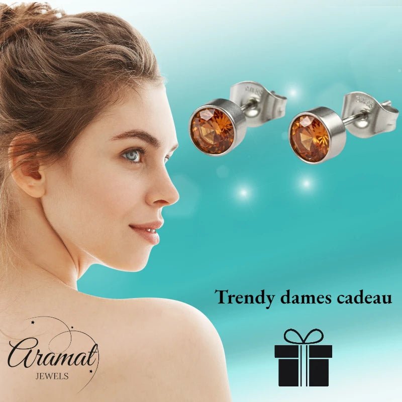 Oorstekers – Staal Kristal Oranje Zilverkleur (5mm) - Aramat Jewels - Oorbellen - cadeautip