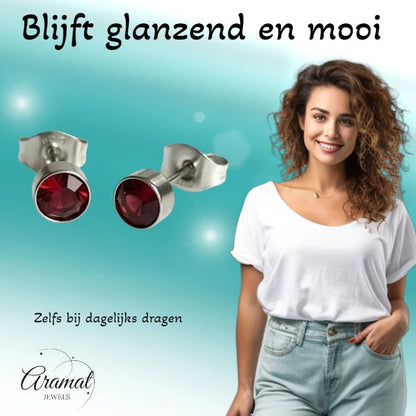 Oorstekers – Staal Kristal Rood Zilverkleur (5mm) - Aramat Jewels - Oorbellen - cadeautip