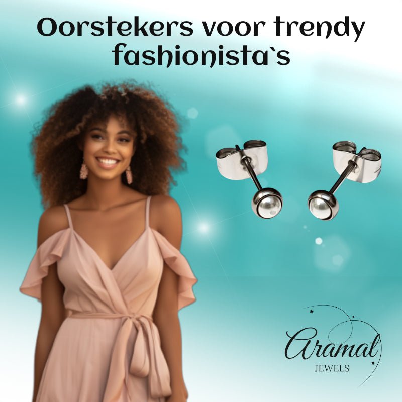 Oorstekers – Stalen Parel Wit Zilverkleurig (4mm) - Aramat Jewels - Oorbellen - cadeautip